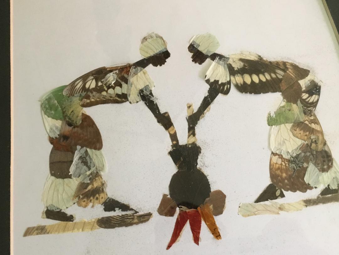 Four Vintage Hand Crafted African Butterfly Wing Collage Artwork Matted & Framed