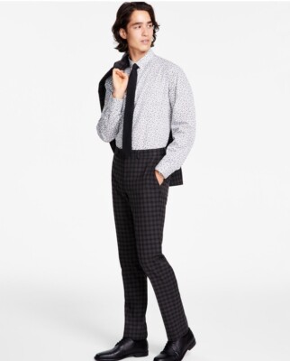 Bar Iii Men's Skinny Fit Check Suit Dress Pants Brown Check 32 x 34