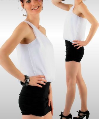 Sexy Miss Femme Mini Robe Mousseline une Épaule Robe 34/36/38 Noir Blanc Neuf