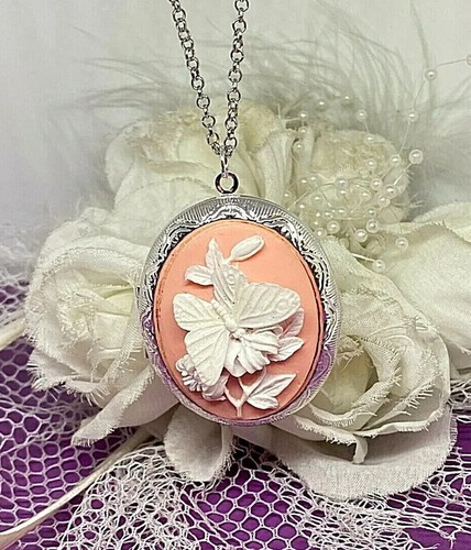 Butterfly  Pink Cameo SLTONE Large Locket Necklace Wedding birthday easter gift