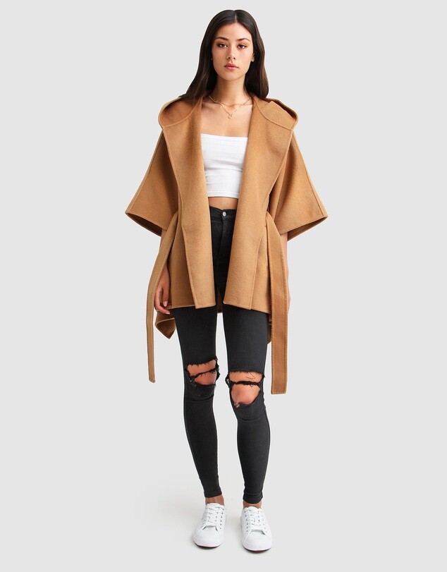 

(БЕЗ ПОЯСА) Пальто-накидка из смесовой шерсти BELLE BLOOM Nordstrom Dark Camel Jackson Landing, Коричневый, JACKSON LANDING