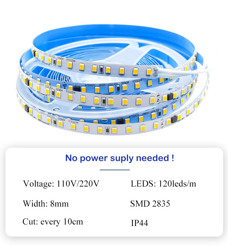 110V / 220V LED Strip Lights 120leds/m Flexible LED Tape, No Power supply Needed