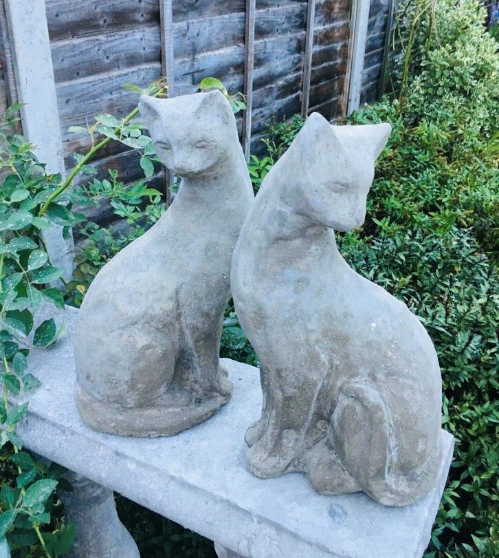 Pair of Elegant Sitting Stone Cat Garden Ornaments in Clapham, London