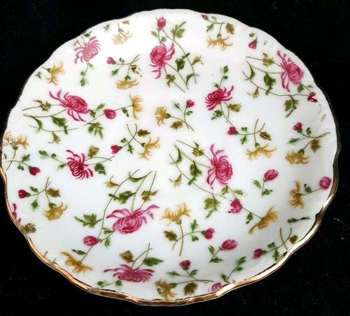 Vintage Demitasse Tea Cup & Saucer, Pink Flowers, Ruffled Rim, Gilded Gold Trim