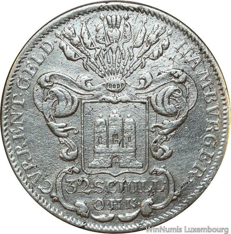 H1770 Rare Germany  Hamburg Free Hanseatic City 32 Schilling 1767 Ohk Silver
