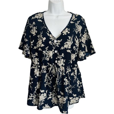 Bloomchic Navy Blue White Floral Flutter Sleeve Peplum Blouse size 10 NEW Tags