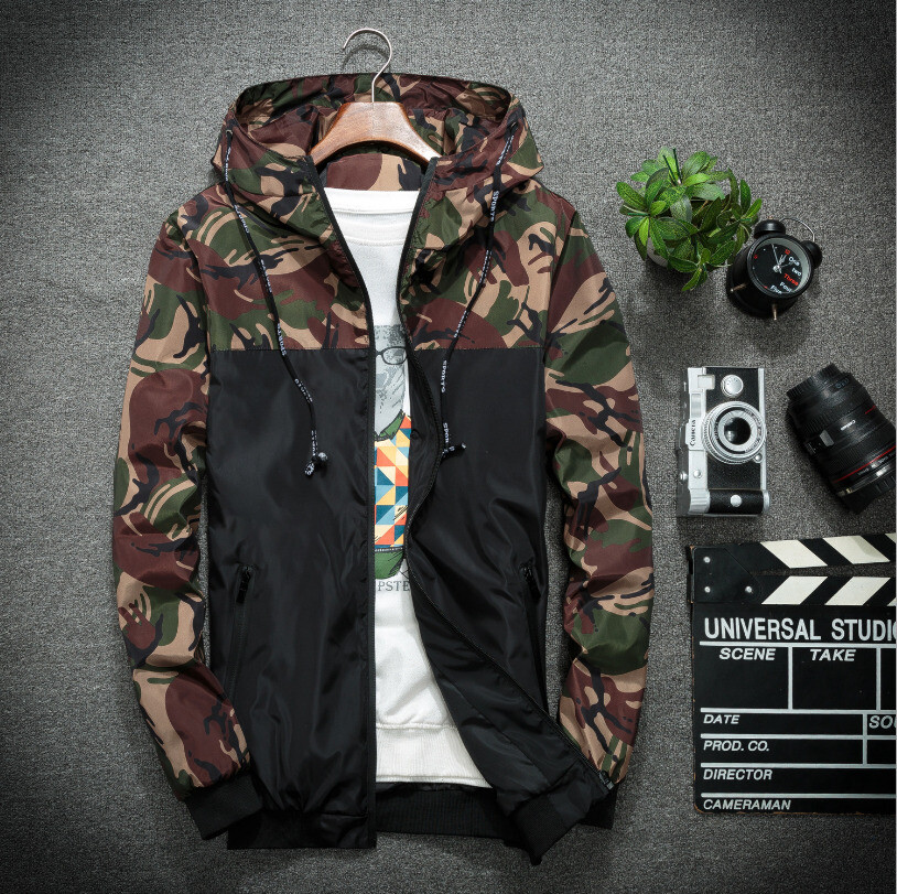 Men Zip Up Camo Windbreaker Hoodie Hooded Sweatshirt Jacket Casual Outwear Top