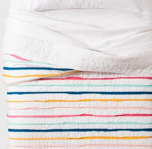 Pillowfort Ruffle Stripe Quilt ~ Full / Queen ~ Cotton Pink Yellow Navy Aqua