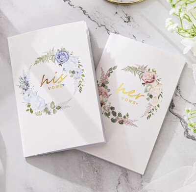 Pocket-Size Vow Books His and Her Gold Foil Elegant Flower for Wedding, Renewal