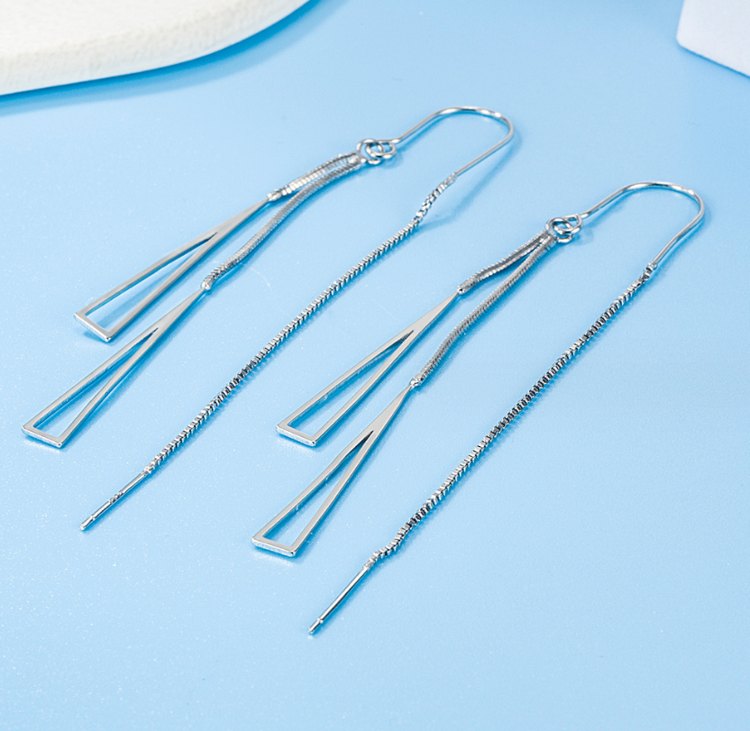 Silver Plated Tassel Threader Triangle Geometric Dangle Drop Pull Earrings XJ12