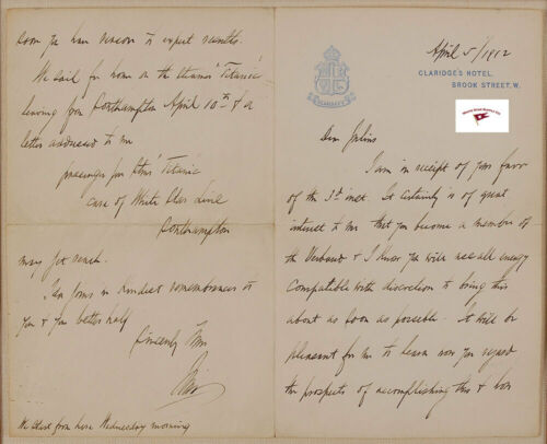 RMS TITANIC VICTIM ISIDOR STRAUS, ONE OF HIS FINAL LETTERS, MENTIONS TITANIC RP