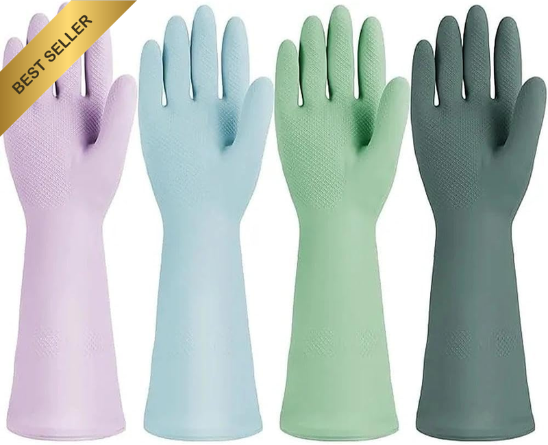 4 Pairs Reusable Rubber Cleaning Gloves, Waterproof & Durable Latex Dishwashing