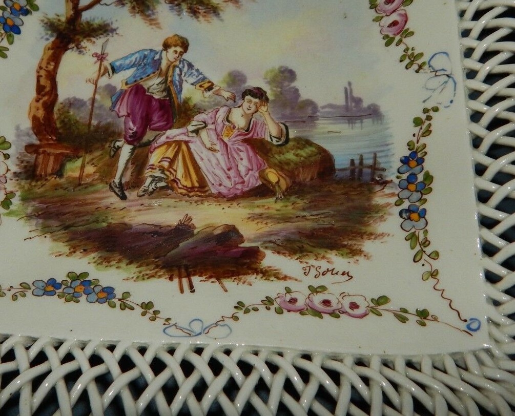 ANTIQUE EARLY LILLE 1767 FRENCH FAIENCE BOWL OPEN LATTICE H Painted Artist Signd