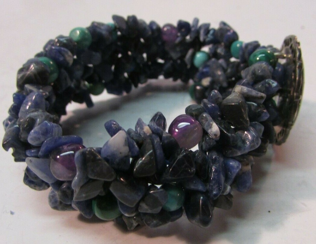 CAROLYN POLLACK RELIOS STERLING SILVER LAPIS BEADED FLEXIBLE CUFF BRACELET