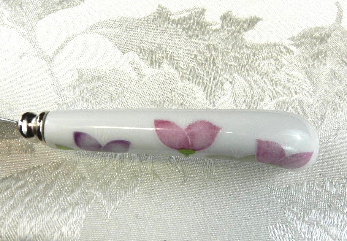 Prill Cheese Spreader Stainless Sheffield England Floral White Ceramic Handle