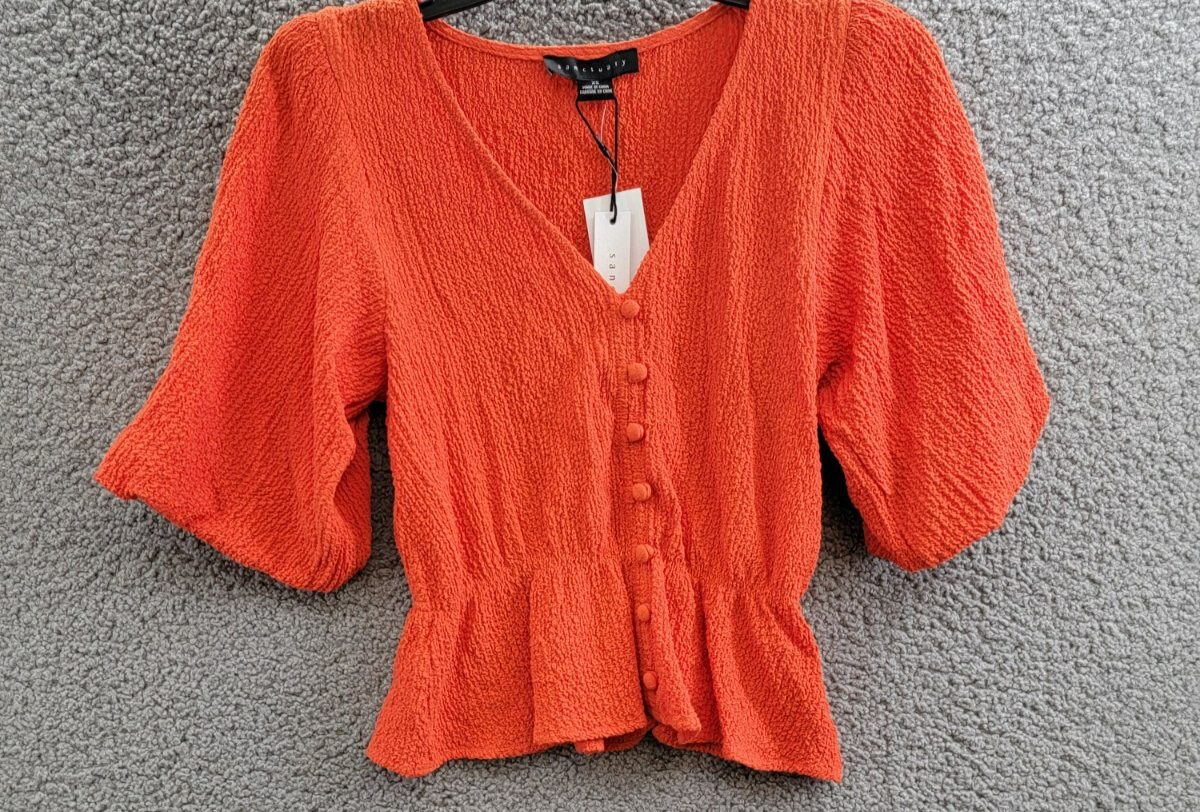 Sanctuary Textured Button-Front Peplum Top Women's XS Spicy Orange Elbow Sleeve - Picture 2 of 18