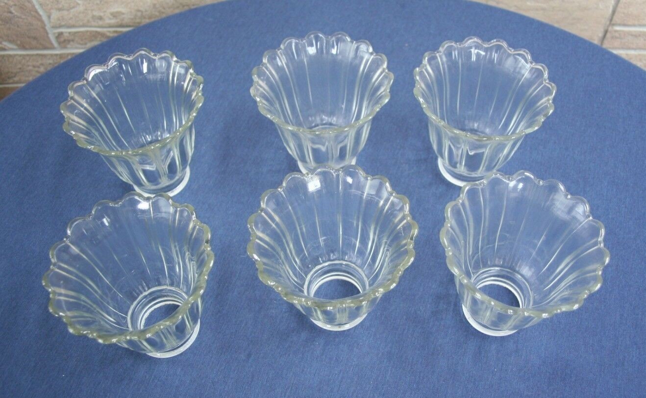 Vintage Lot of 6 Clear Glass Tulip, Fluted,Ribbed, With Scallop Edge Shades VNC
