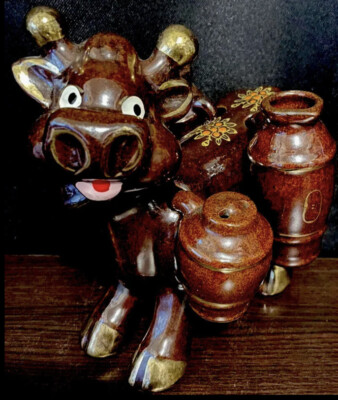 Vintage 1950 s RARE 5 piece TILSO Japan Brown Cow W/S & P Shakers +V & O Cruets