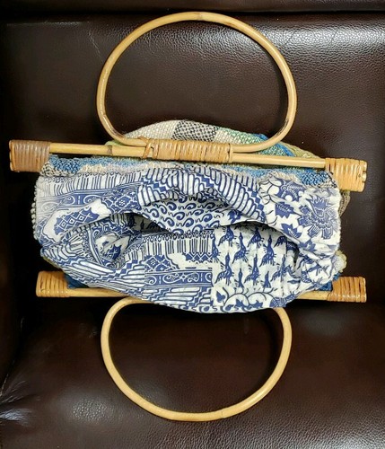 Vintage Craft Sewing Knitting Bag Purse Wooden Bamboo Handles Lined