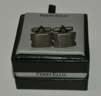 Nice Aged PERRY ELLIS Gun Metal Silver Classic Men's Dress Cuff Links w/ Box 