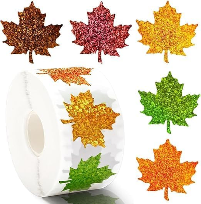 500 Holographic Maple Leaf Stickers Roll, 5 Colours, 1.5In, Self-Adhesive Autumn