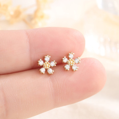 Tiny Adorable Flower Daisy Gold Pave Cubic Zirconia Stud Earrings