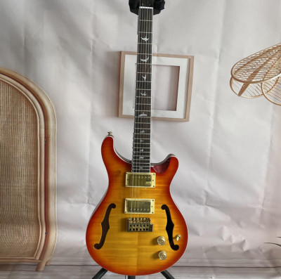 Custom Hollow Body Electric Guitar Cherry Sunburst Flamed Maple Top Bird Inlay