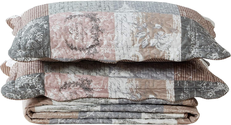 Latte Grey Paris and Toile Floral Patchwork, 3-Piece Quilt Set with 2 Shams, Rev