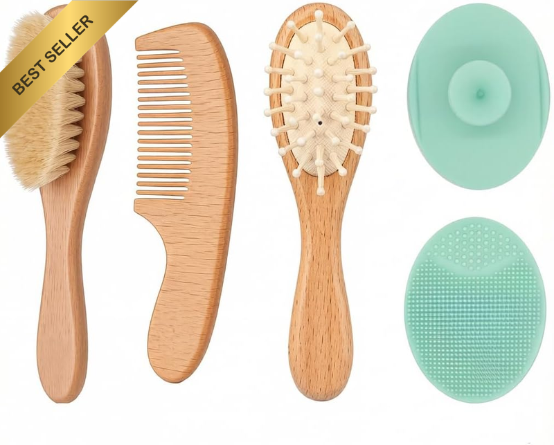 Baby Hair Brush Set with Silicone Pad for Newborns - Soft Goat Bristle & Wooden