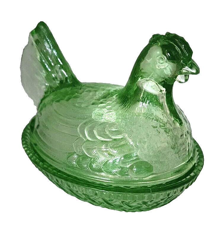 Wilkerson Art Deco Trinket Key Lime Hen Chicken Glow Glass On Basket 3.25" Wide