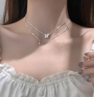 Two layers Butterfly Cross CZ Pendant Sterling silver Plated Necklace Women TH2