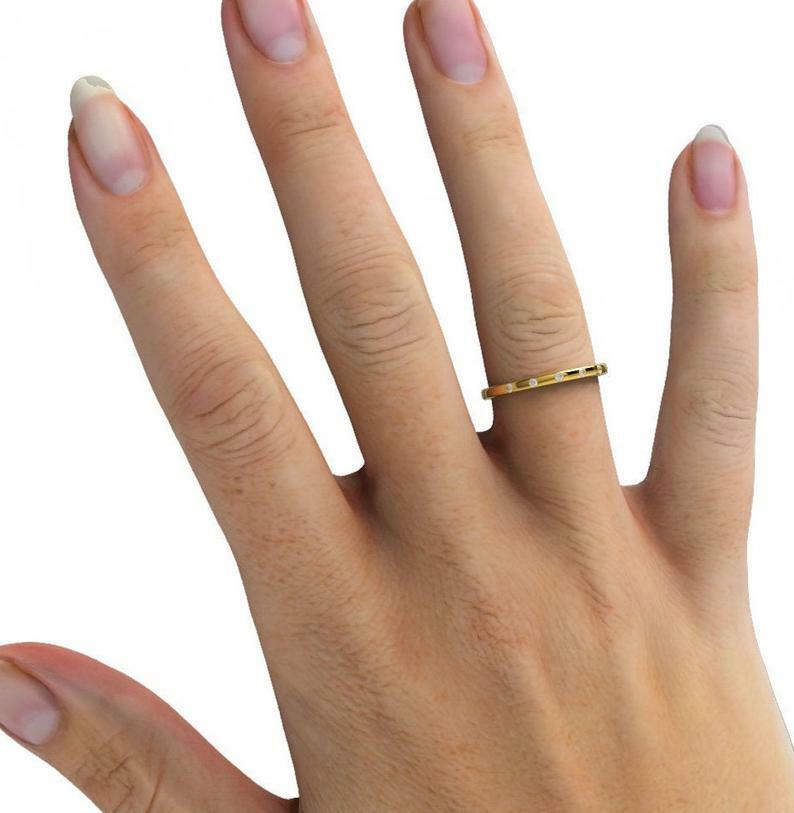 Pre-owned Handmade Flush Diamond Band / 14k Gold Flush Diamond Wedding Band / Diamond Stacking Ring In White