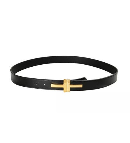 TOM FORD $990 TOM FORD MEN’S BLACK LEATHER GOLD METAL T-BUCKLE DECORATED BELT 34”/85CM
