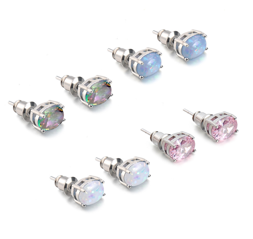 Oval Cubic Zirconia Opal Sterling Silver Post Stud Earrings 6x9mm Men Women PE22