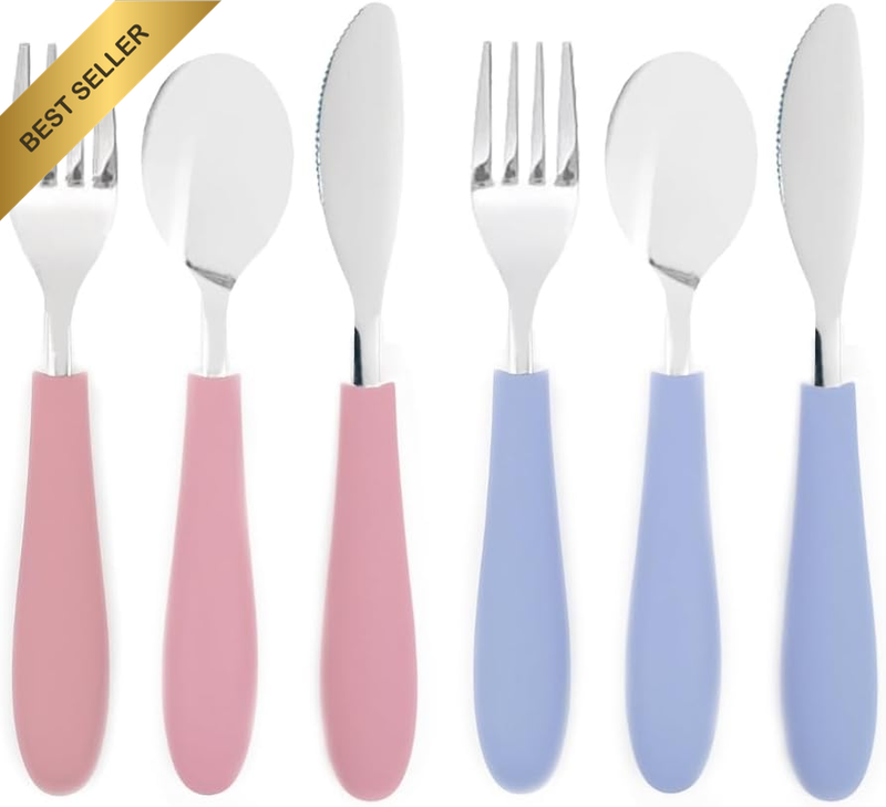 Kids Silverware with Silicone Handle | Childrens Safe Flatware | Spoon + Fork + 