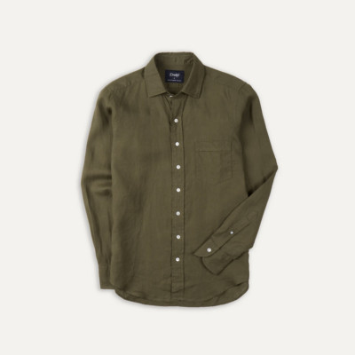 Drakes London Khaki Green Linen Spread Collar Shirt Size Large