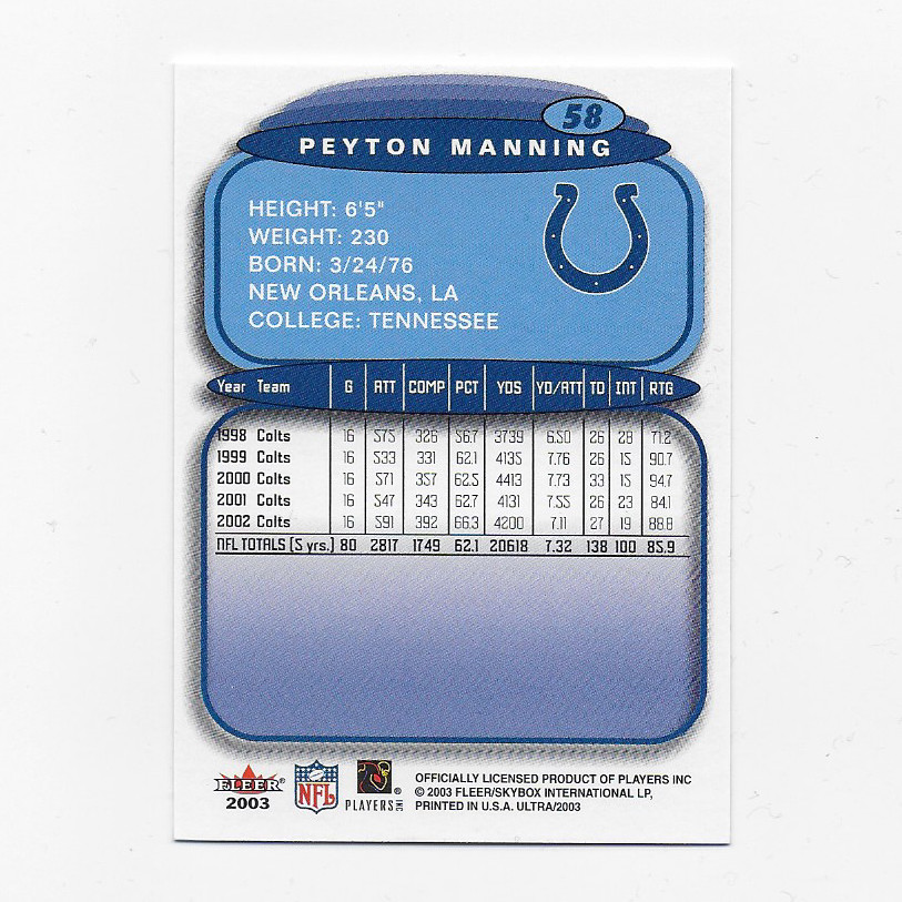 Peyton Manning Trading Card - Indianapolis Colts - NFL - Football - Fleer Ultra