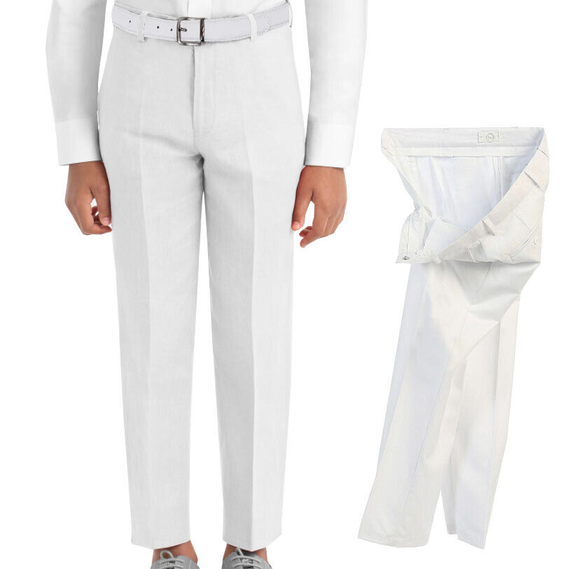 Белые элегантные классические брюки для мальчиков с поясом, узкие брюки с плоской передней частью для детей младшего возраста
