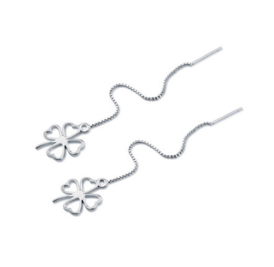 Women Girl 925 Silver Tone Clover Leaf Threader Dangle Drop Earrings Chain TH2