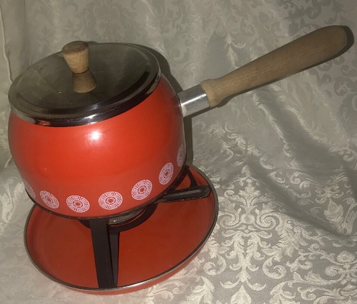 Vintage Mid Century Orange Fondue Pot w/Metal Stand Western Germany NTN
