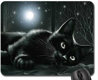 Black Cat in Moonlight Mouse Pad - Ideal for Cat Lovers