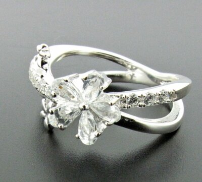 Elements silver and cz double band flower ring, size K