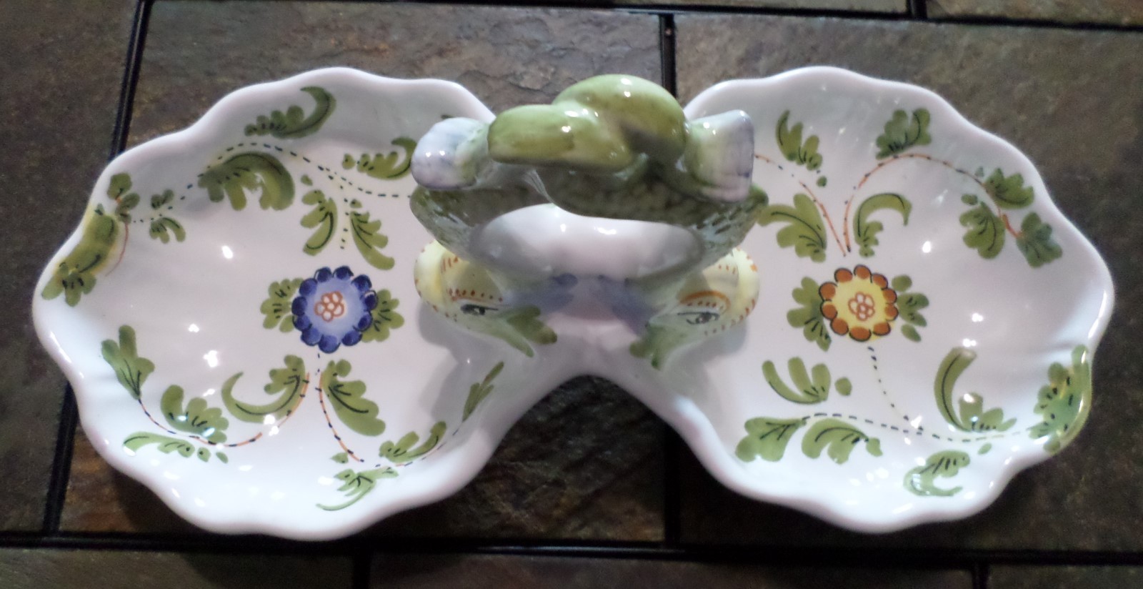 Double Relish Dish Tray Made in Italy ~Entwined Dolphin Handle, Painted Flowers
