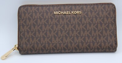 NEW AUTHENTIC MICHAEL KORS JET SET ITEM ZIP AROUND BROWN MK PVC WOMEN'S WALLET