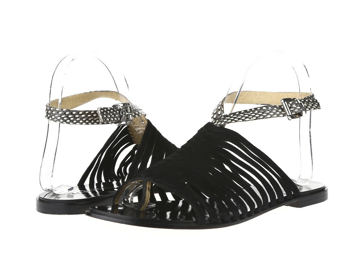 Womens L.A.M.B. Black Snake Print Leather Ankle Strap Flat Sandals Size 6.5 M