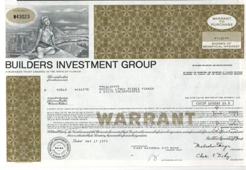 Builders Investment Group - Original Stock Certificate - 1973 - W43023