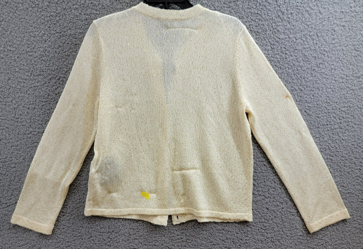Donna Karan New York Metallic Cardigan Women's L Cream/Gold Button Front L/S - Picture 9 of 13