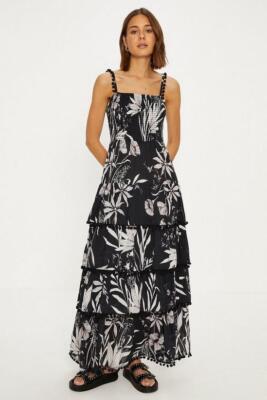 Oasis Mono Leaf Pom Pom Trim Tiered Midi Summer Dress UK Size 12 BNWT B35