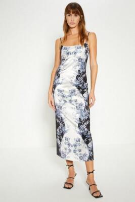 Oasis Mono Floral Empire Seam Strappy Satin Slip Dress Bow Tie Back UK 16 B35