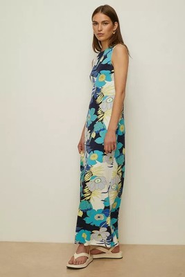 Oasis Blue Multi Palm Printed Trapeze Midaxi Sleeveless Dress BNWT UK Size S B20